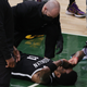 Kyrie Irving goes down in the first half of Game 4 of the Eastern Conference playoffs.